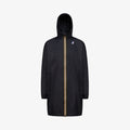 The K-Way Le Vrai 3.0 Eiffel raincoat in Black Pure features a yellow-striped zipper, long sleeves, a small chest logo, and durable ripstop fabric, shown against a plain white background.