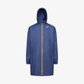The K-Way Le Vrai 3.0 Eiffel in Blue Indigo is a unisex ripstop raincoat with a hood, yellow-trimmed front zipper, and long sleeves, shown against a plain white background.