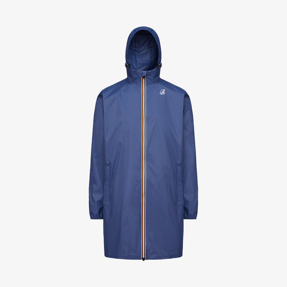 The K-Way Le Vrai 3.0 Eiffel in Blue Indigo is a unisex ripstop raincoat with a hood, yellow-trimmed front zipper, and long sleeves, shown against a plain white background.