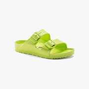 The Birkenstock Arizona EVA Narrow sandal in Active Lime features adjustable straps, a textured footbed, and a flat sole, shown against a white background.