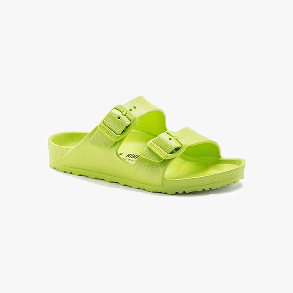 The Birkenstock Arizona EVA Narrow sandal in Active Lime features adjustable straps, a textured footbed, and a flat sole, shown against a white background.