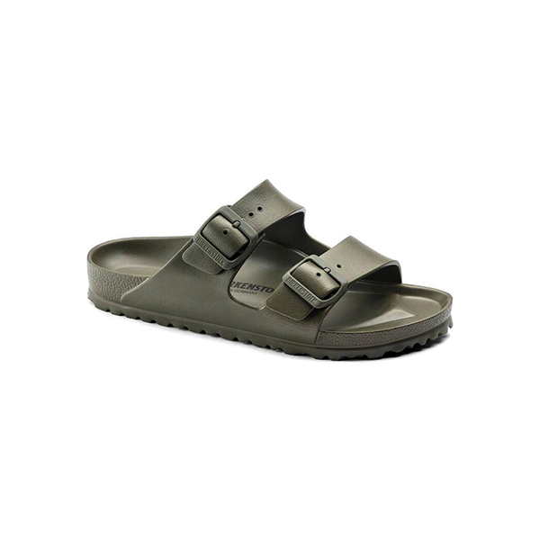 A single khaki Birkenstock Arizona EVA Narrow slide sandal with two adjustable buckles, a supportive footbed, and textured sole—water-friendly, shown on a white background.