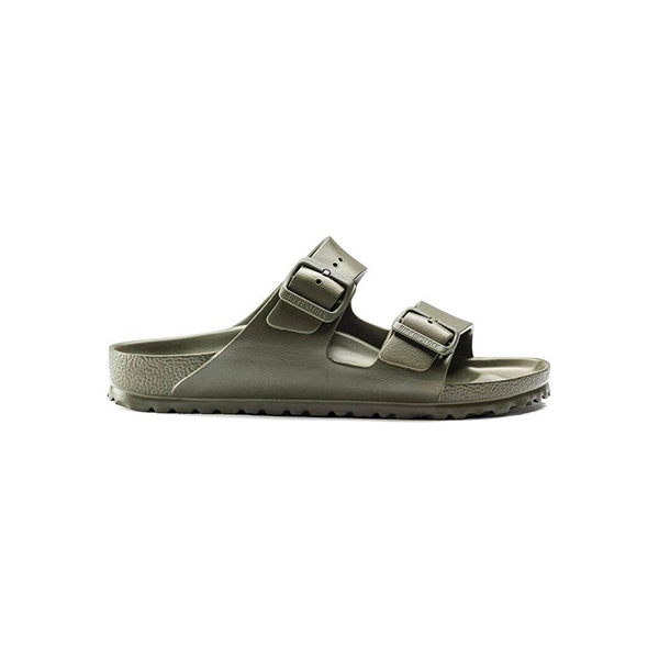 A single Birkenstock Arizona EVA Narrow sandal in khaki with two adjustable buckle straps and a contoured footbed, shown from the side on a white background. Water-friendly for versatile wear.