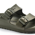 A close-up of the Birkenstock Arizona EVA Narrow sandal in khaki, featuring the classic footbed, two adjustable buckled straps, and a textured water-friendly sole.