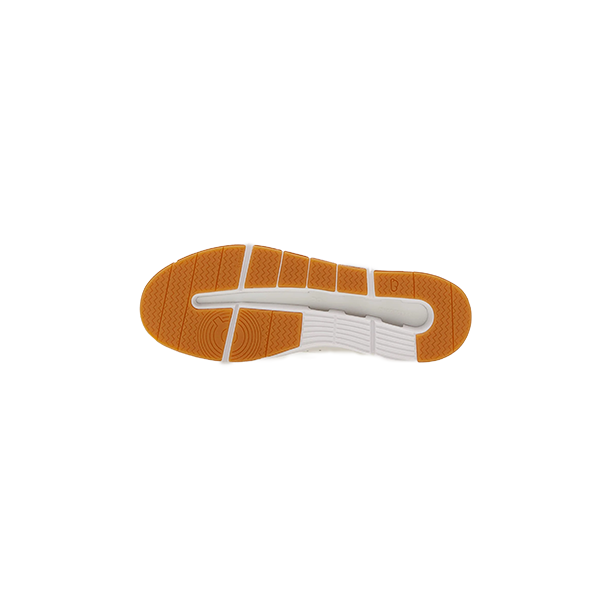 The On Running Men's The Roger Centre Court 2 features a white sole with orange rubber tread and segmented grip, inspired by tennis design, delivering comfort and style against a plain white background.