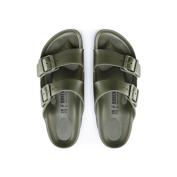 A pair of Birkenstock Arizona EVA Narrow sandals in khaki, featuring two adjustable buckled straps, a signature contoured footbed, and a lightweight, water-friendly design, shown from above on a white background.