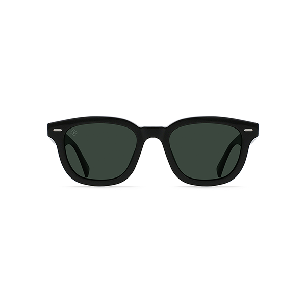 Raen Optics' Myles sunglasses in crystal black with a vintage silhouette and green polarized lenses, shown from the front.