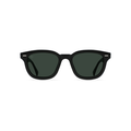 Raen Optics' Myles sunglasses in crystal black with a vintage silhouette and green polarized lenses, shown from the front.