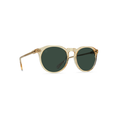 The Raen Optics Remmy 49 sunglasses in Champagne Crystal feature round clear frames and green polarized lenses, shown on a white background.