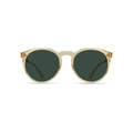The Raen Optics Remmy 49 sunglasses feature round clear Champagne Crystal frames with green polarized lenses, crafted from polished zyle acetate and shown against a white background.