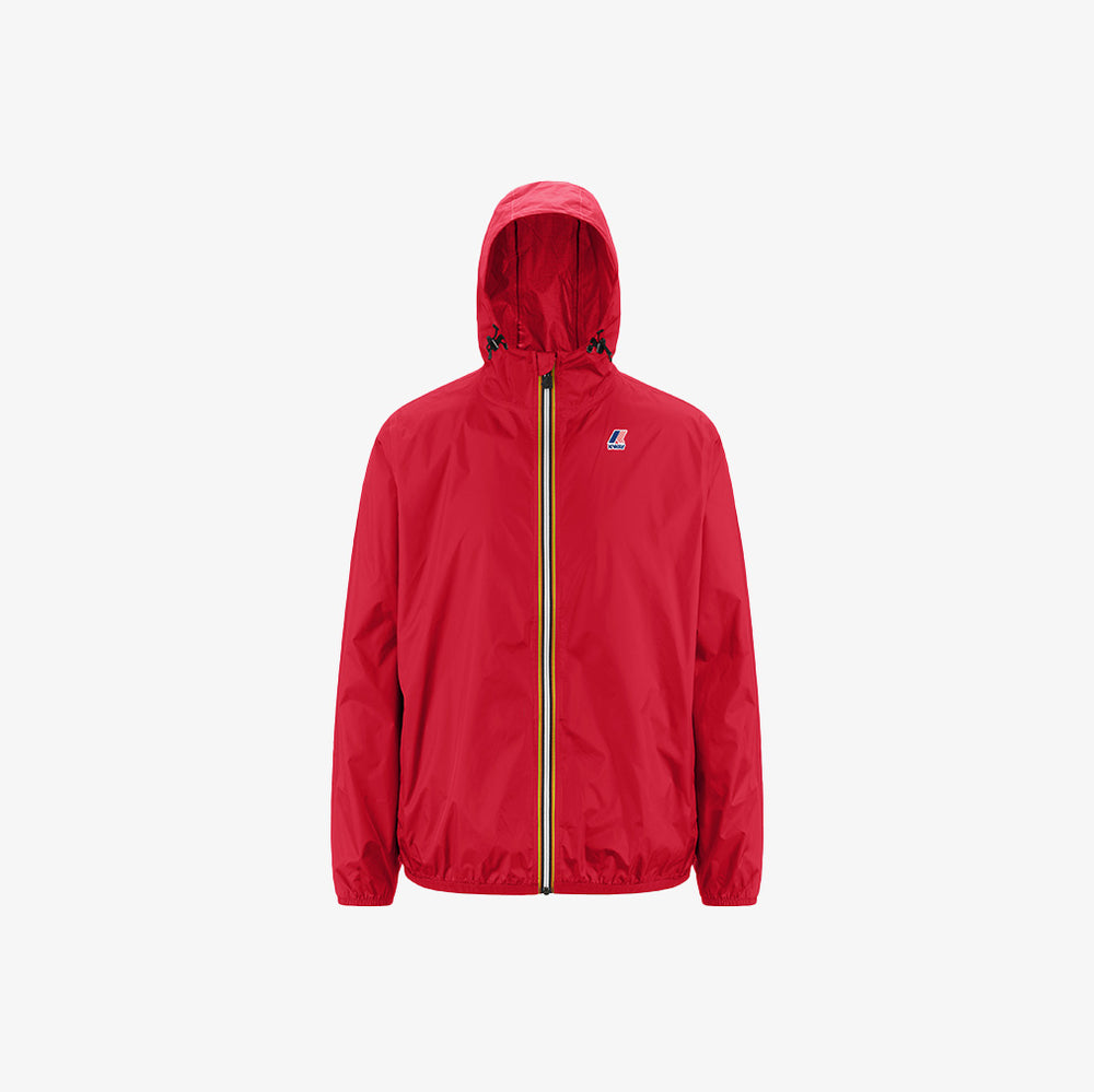 The K-Way Le Vrai 3.0 Claude in red features a yellow zipper and elastic cuffs, showcased on a plain white background.