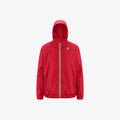 The K-Way Le Vrai 3.0 Claude in red features a yellow zipper and elastic cuffs, showcased on a plain white background.