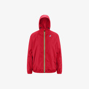 The K-Way Le Vrai 3.0 Claude in red features a yellow zipper and elastic cuffs, showcased on a plain white background.