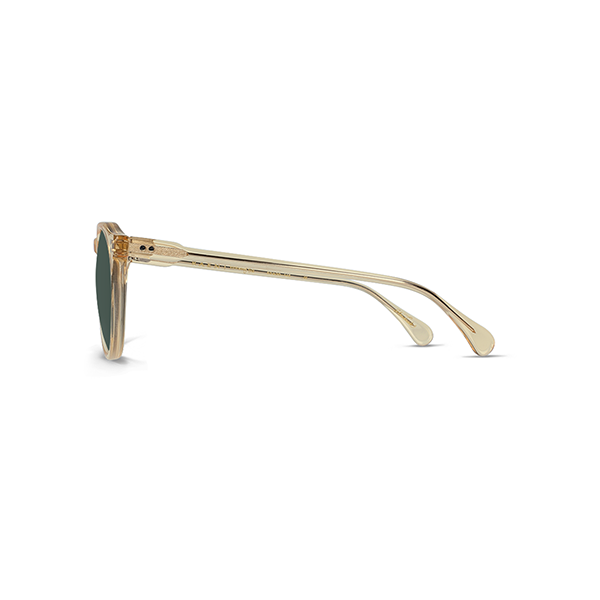 Profile view of Raen Optics Remmy 49 sunglasses in champagne crystal acetate with green polarized lenses and curved temple arms, shown against a white background.