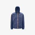 The K-Way Le Vrai 3.0 Claude in Blue Indigo is a unisex jacket with a front zipper, yellow and red stripes, elastic cuffs, a small chest logo, plus a packable and water-repellent design.