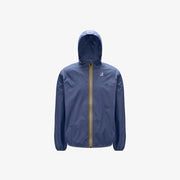 The K-Way Le Vrai 3.0 Claude in Blue Indigo is a unisex jacket with a front zipper, yellow and red stripes, elastic cuffs, a small chest logo, plus a packable and water-repellent design.
