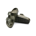 A pair of khaki Birkenstock Arizona EVA Narrow sandals with adjustable two-strap buckles—one upright, one on its side to show the textured sole and signature footbed. Water-friendly for everyday wear.