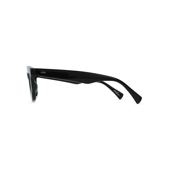 Side view of Raen Optics' Myles sunglasses with a vintage silhouette, crystal black frame, and polarized green lenses against a white background.