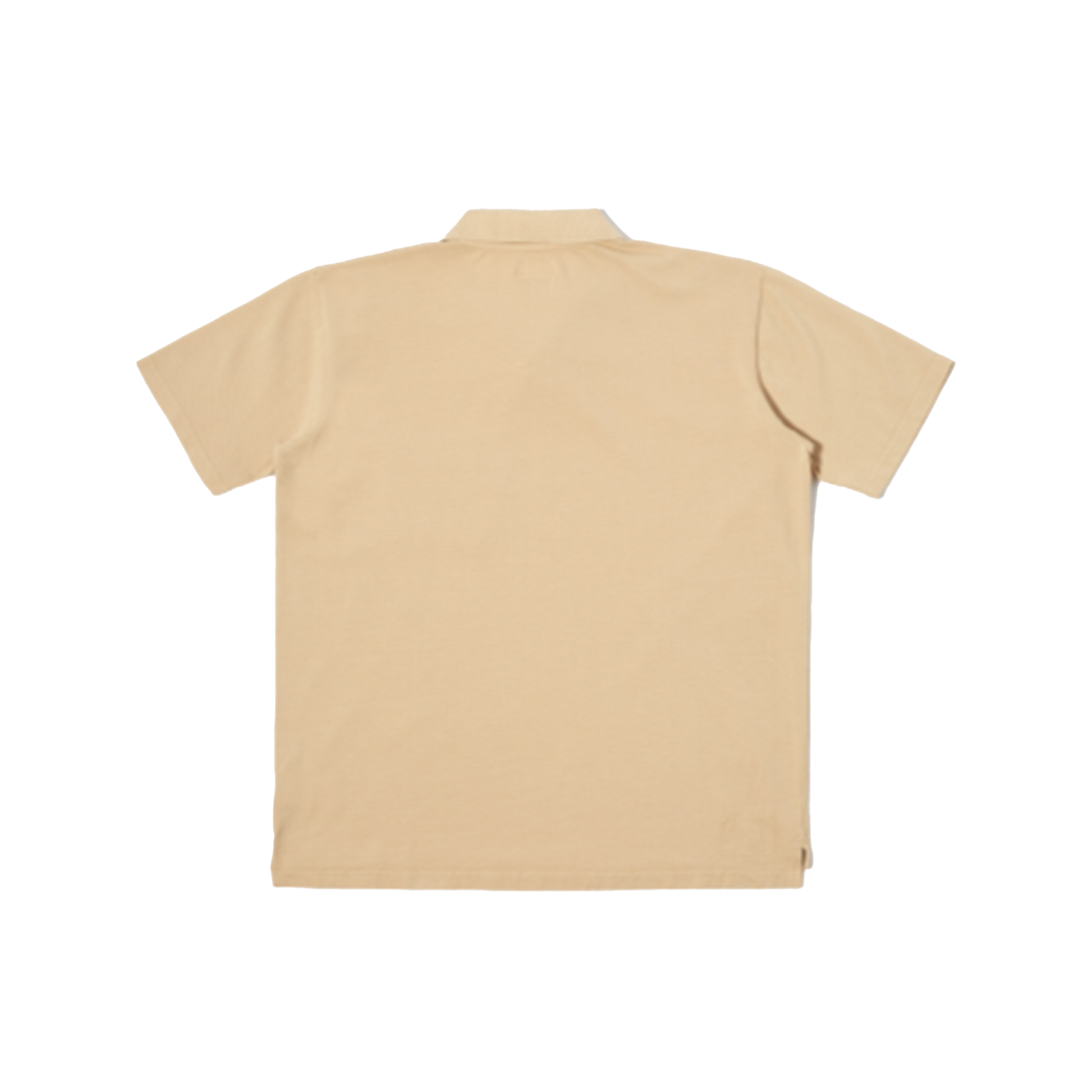 Universal Works' Vacation Polo in Sand, a classic short-sleeve style, is shown laid flat from the back on a plain background to highlight its subtle details.