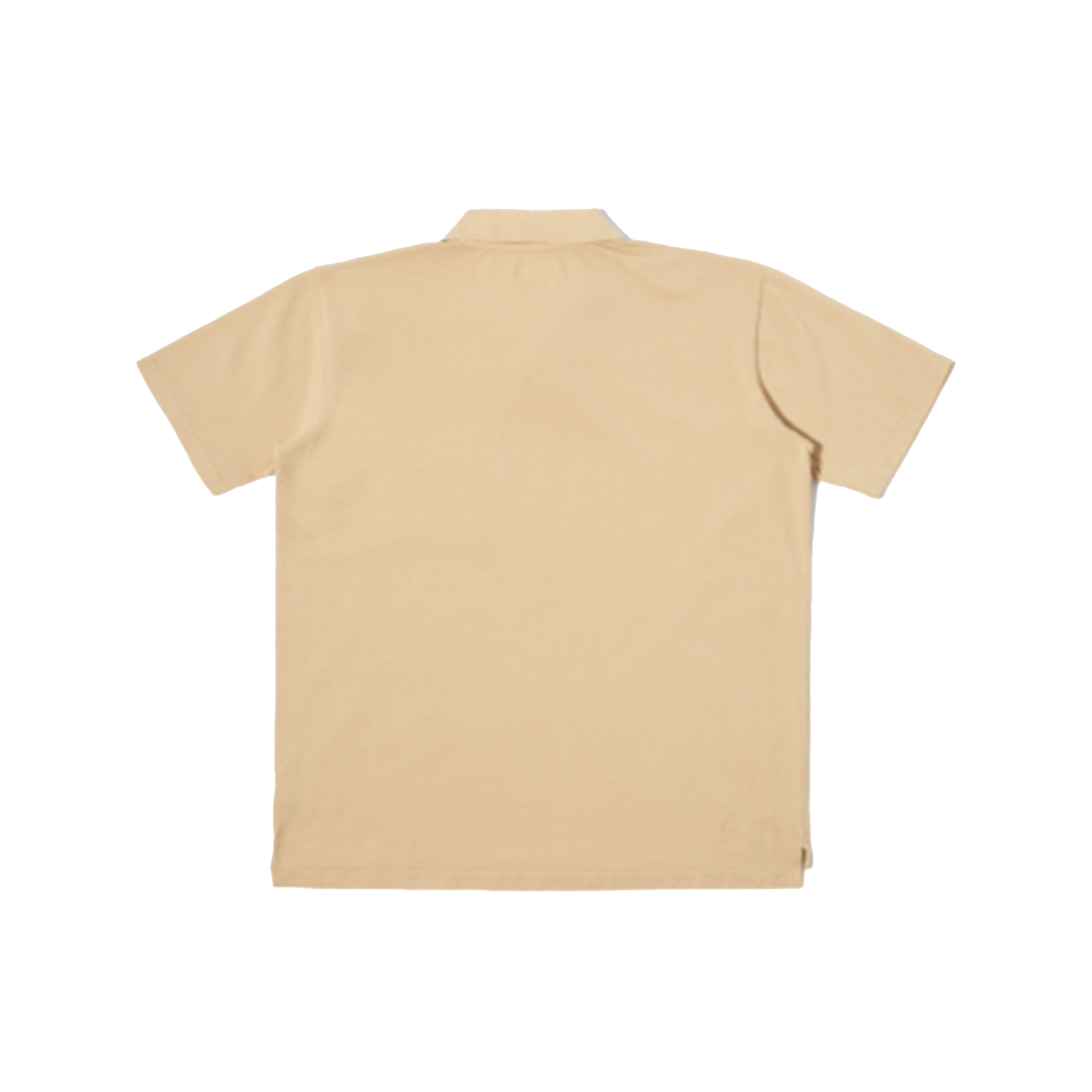 Universal Works' Vacation Polo in Sand, a classic short-sleeve style, is shown laid flat from the back on a plain background to highlight its subtle details.