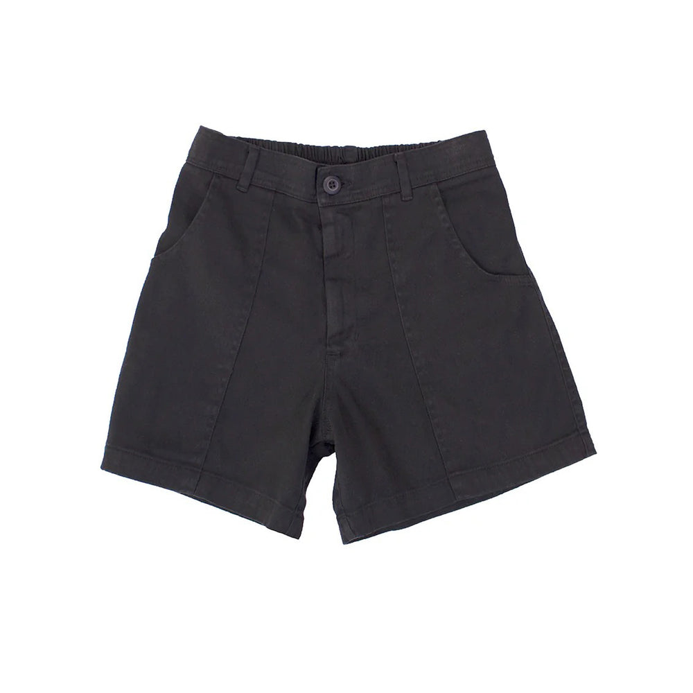 The Venice Shorts in Black by Jungmaven are high-waisted, made from soft hemp cotton, and feature a front button and zip closure, two pockets, and a plain design. Shown laid flat on a white background.