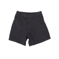 The Venice Shorts in Black by Jungmaven are high-waisted, made from soft hemp cotton, and feature a front button and zip closure, two pockets, and a plain design. Shown laid flat on a white background.