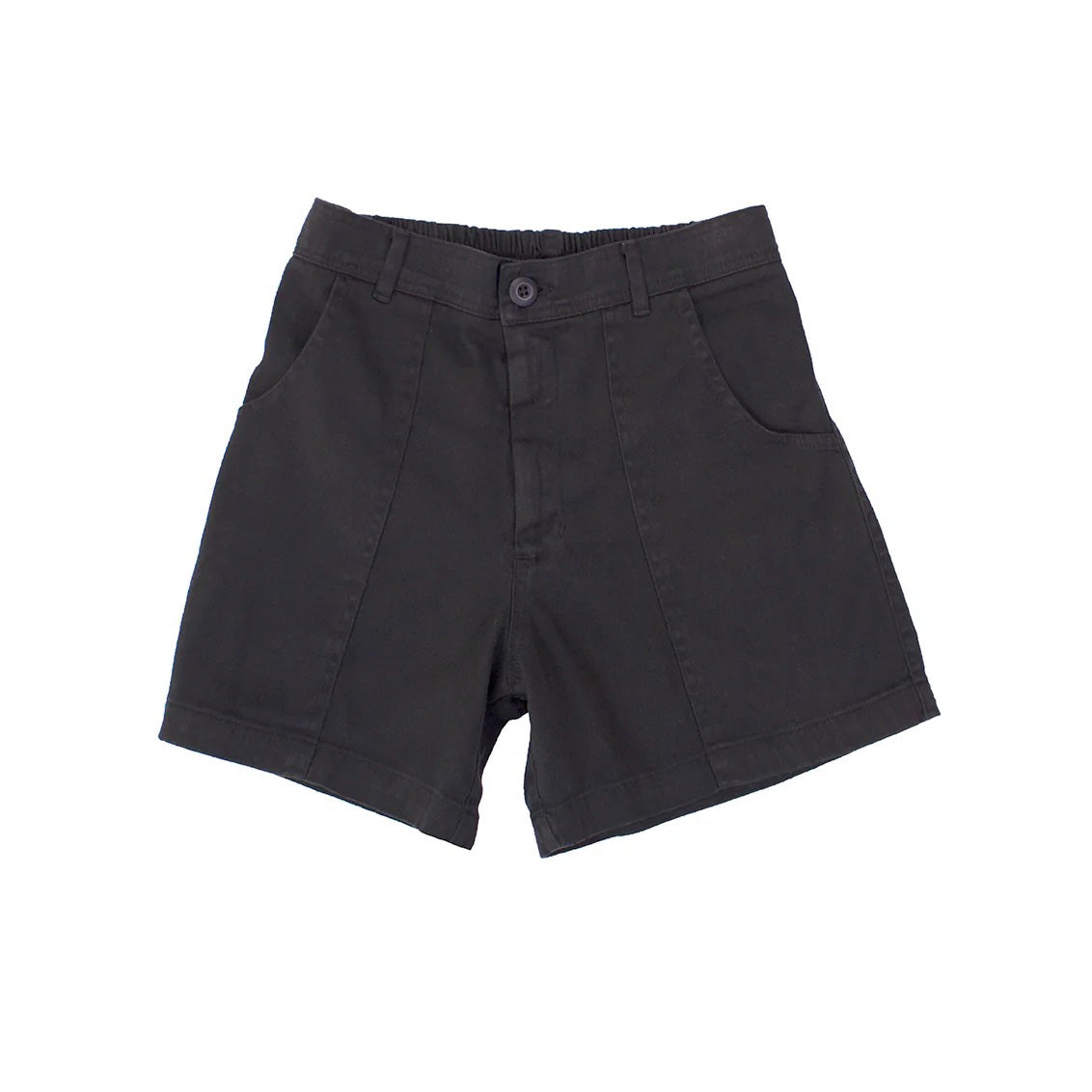 The Venice Shorts in Black by Jungmaven are high-waisted, made from soft hemp cotton, and feature a front button and zip closure, two pockets, and a plain design. Shown laid flat on a white background.