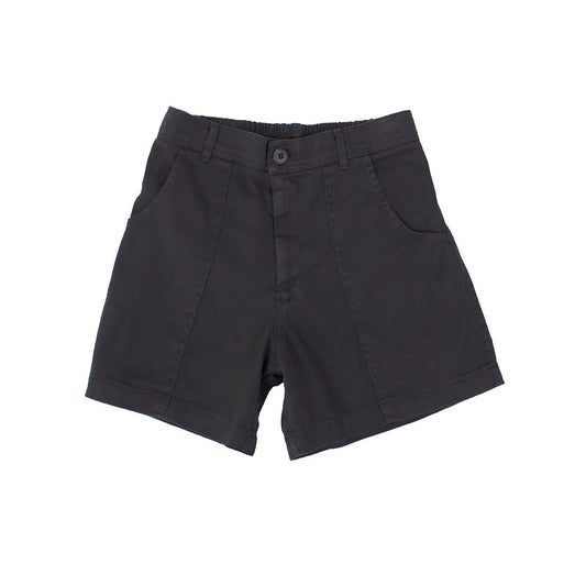 The Venice Shorts in Black by Jungmaven are high-waisted, made from soft hemp cotton, and feature a front button and zip closure, two pockets, and a plain design. Shown laid flat on a white background.