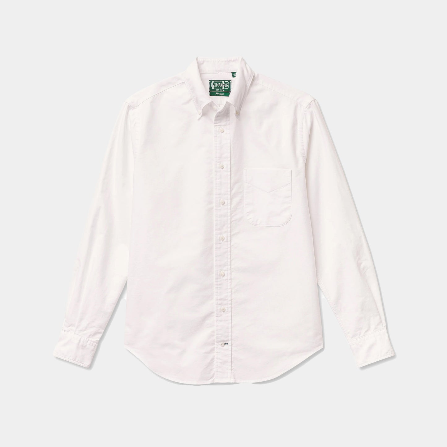The Gitman Vintage Classic White Oxford is a long-sleeve button-down shirt with a breast pocket, shown on a plain light background.