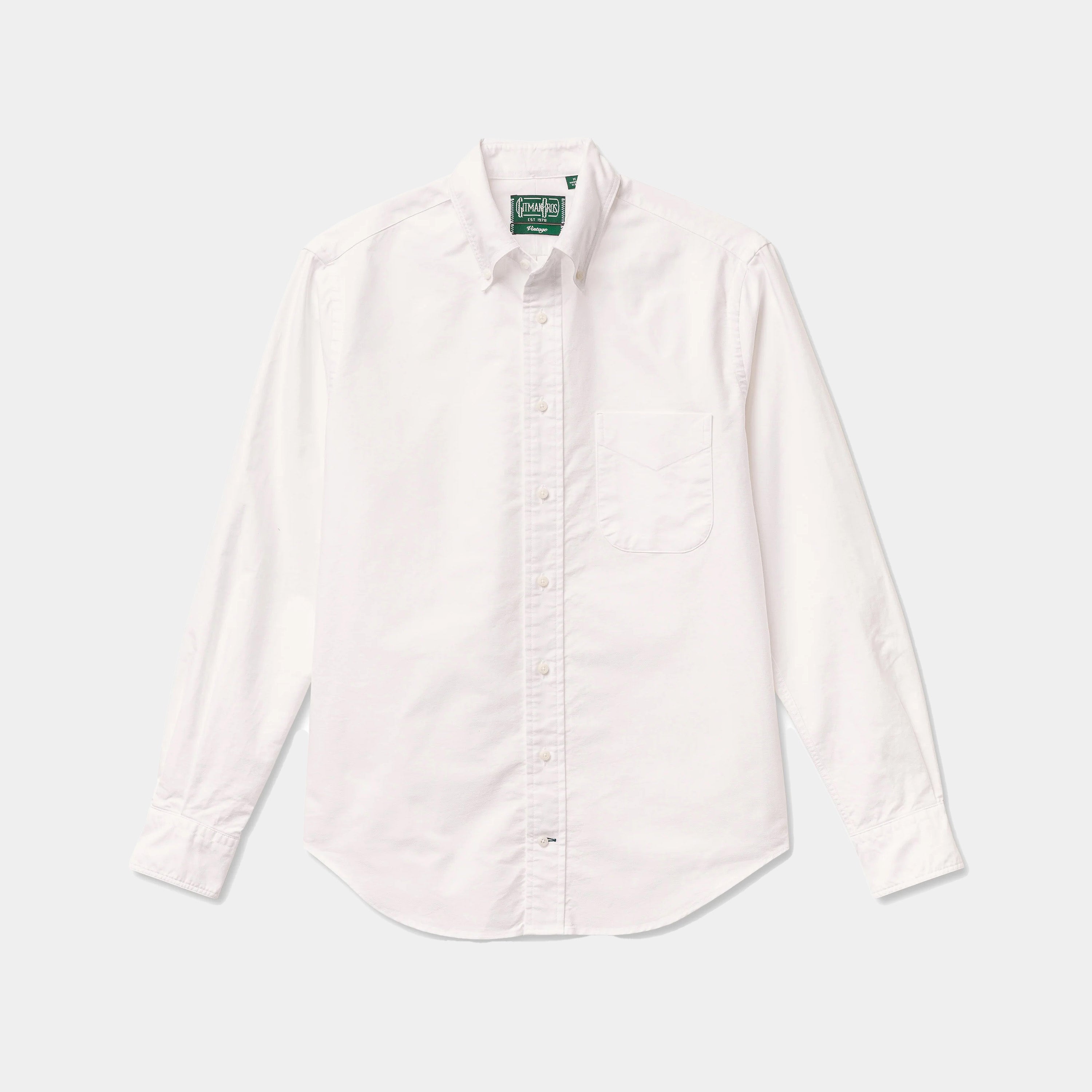 The Gitman Vintage Classic White Oxford is a long-sleeve button-down shirt with a breast pocket, shown on a plain light background.