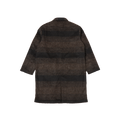 Back view of the Universal Works "Account Coat," a relaxed-fit long coat in dark brown with horizontal black stripes, crafted from luxurious alpaca wool, against a plain backdrop—a true wardrobe staple.