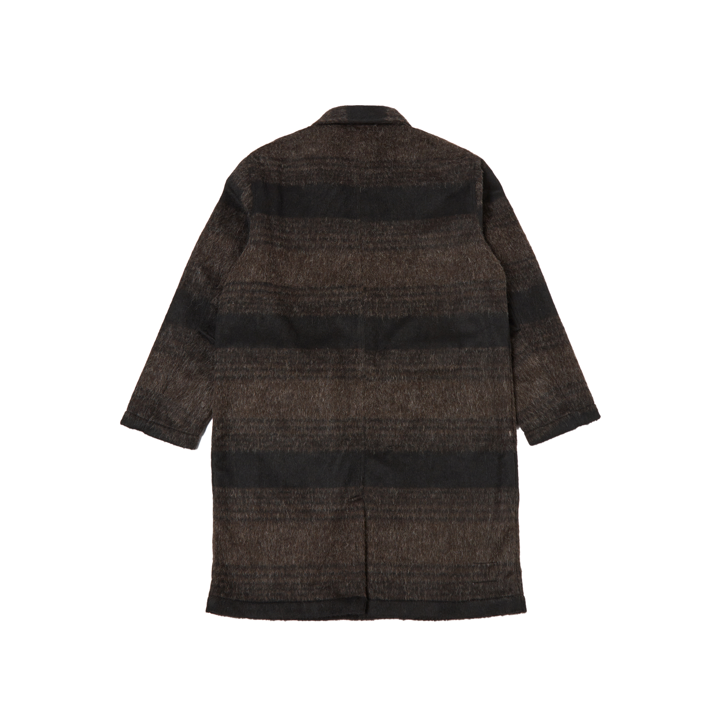 Back view of the Universal Works "Account Coat," a relaxed-fit long coat in dark brown with horizontal black stripes, crafted from luxurious alpaca wool, against a plain backdrop—a true wardrobe staple.