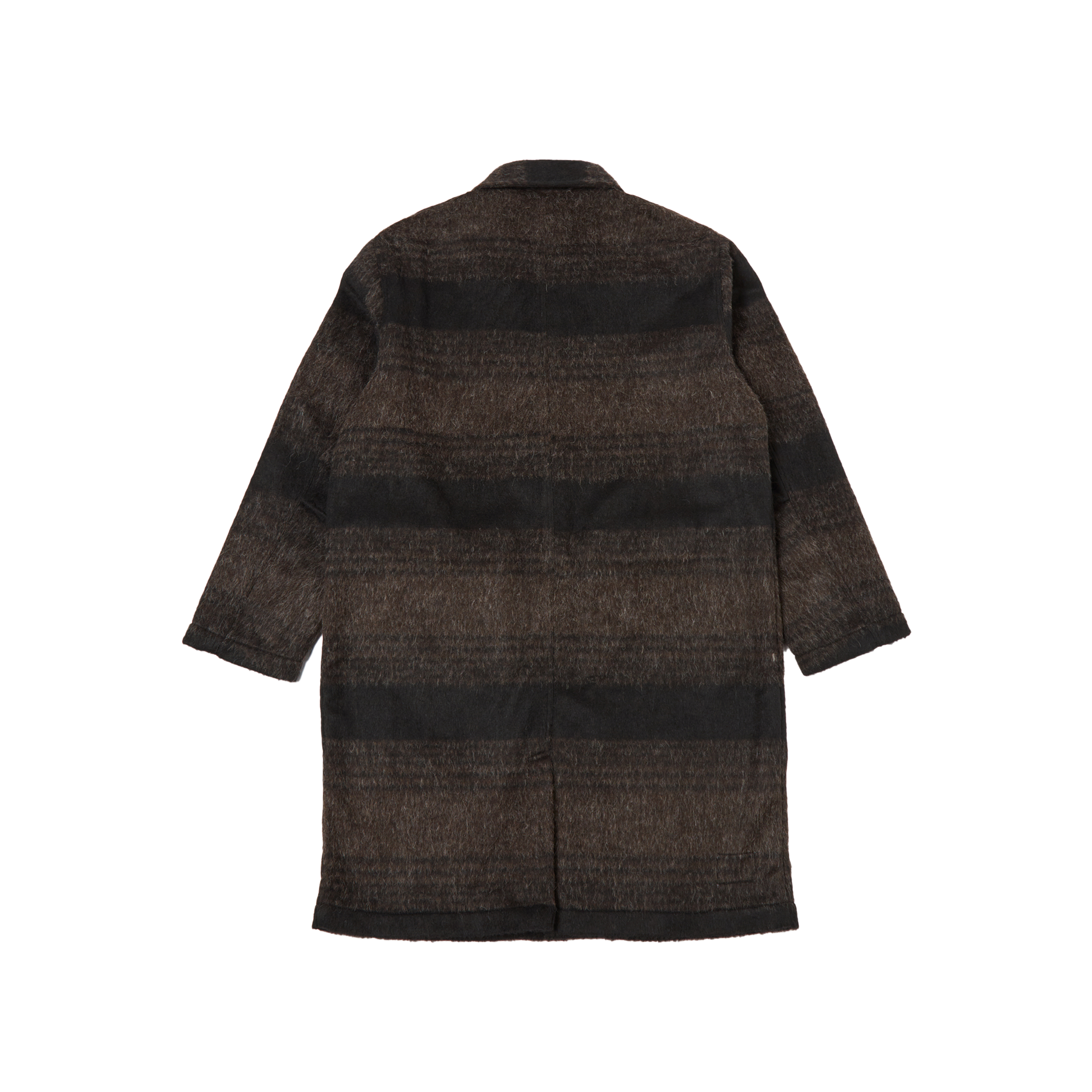 Back view of the Universal Works "Account Coat," a relaxed-fit long coat in dark brown with horizontal black stripes, crafted from luxurious alpaca wool, against a plain backdrop—a true wardrobe staple.