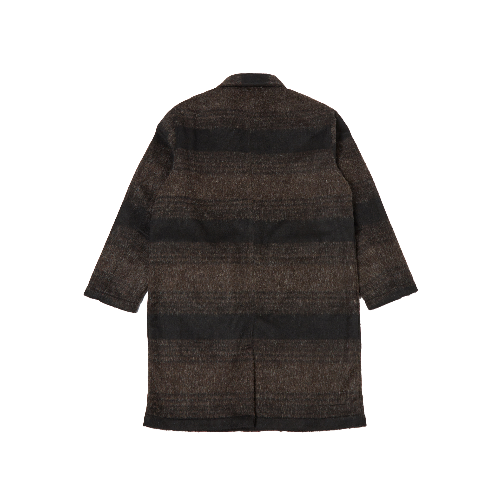 Back view of the Universal Works "Account Coat," a relaxed-fit long coat in dark brown with horizontal black stripes, crafted from luxurious alpaca wool, against a plain backdrop—a true wardrobe staple.