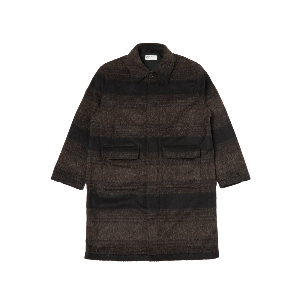 The Account Coat by Universal Works, showcased on a plain background, is a relaxed-fit alpaca wool coat in dark brown with horizontal stripes, button closure, and two front pockets.