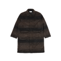 The Account Coat by Universal Works, showcased on a plain background, is a relaxed-fit alpaca wool coat in dark brown with horizontal stripes, button closure, and two front pockets.