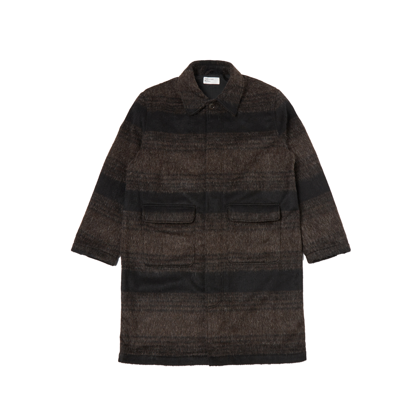 The Account Coat by Universal Works, showcased on a plain background, is a relaxed-fit alpaca wool coat in dark brown with horizontal stripes, button closure, and two front pockets.