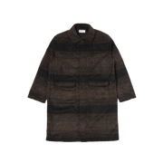 The Account Coat by Universal Works, showcased on a plain background, is a relaxed-fit alpaca wool coat in dark brown with horizontal stripes, button closure, and two front pockets.