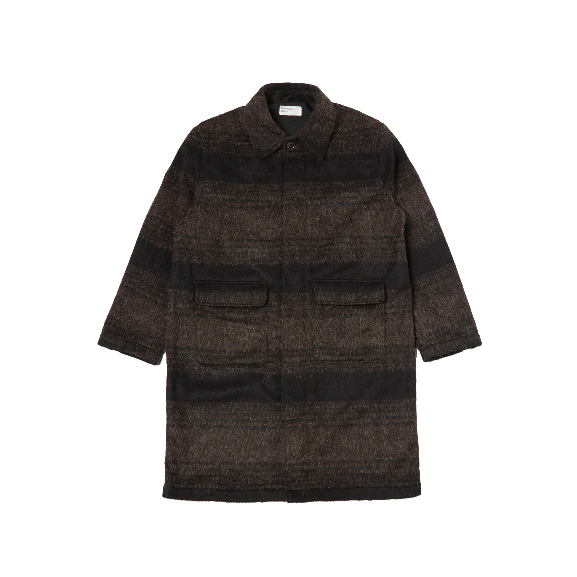 The Account Coat by Universal Works, showcased on a plain background, is a relaxed-fit alpaca wool coat in dark brown with horizontal stripes, button closure, and two front pockets.