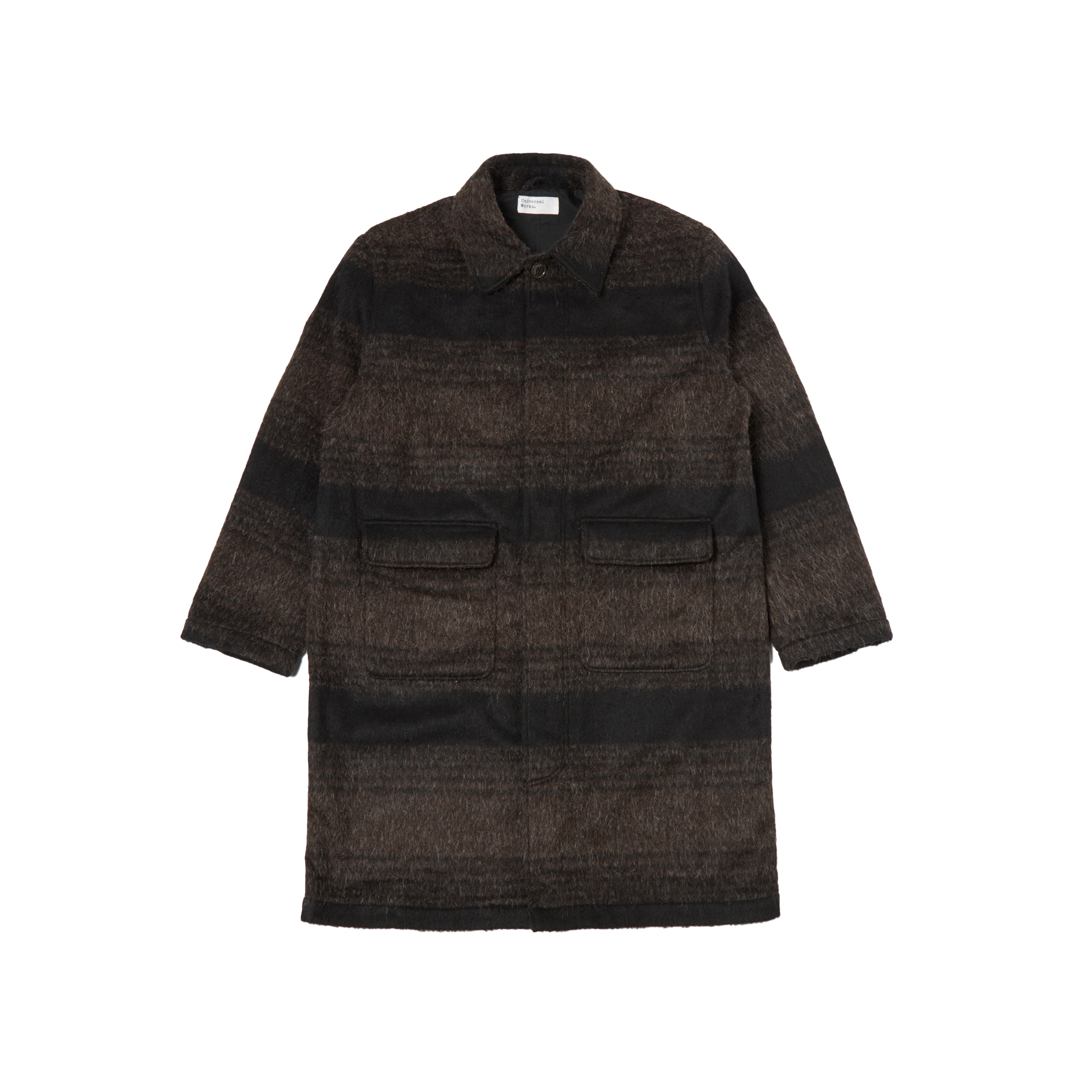 The Account Coat by Universal Works, showcased on a plain background, is a relaxed-fit alpaca wool coat in dark brown with horizontal stripes, button closure, and two front pockets.
