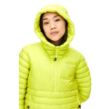A person wearing the Amaze Half Zip Jacket by Rohnisch in bright green recycled polyester looks at the camera.
