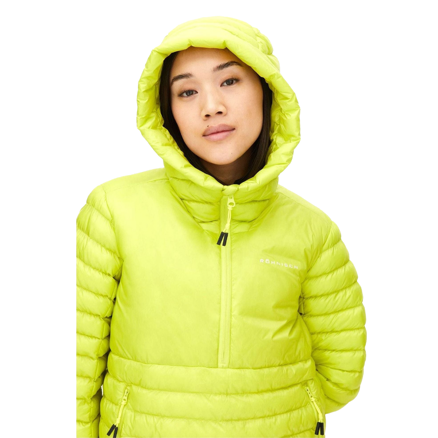 A person wearing the Amaze Half Zip Jacket by Rohnisch in bright green recycled polyester looks at the camera.
