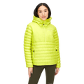 A person dons a Rohnisch Amaze Half Zip insulated puffer jacket in bright green, made from recycled polyester, paired with olive green pants against a plain backdrop.