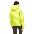 A person wearing the Rohnisch Amaze Half Zip Jacket—a vibrant yellow hooded puffer crafted from recycled polyester—stands with their back turned against a plain background.