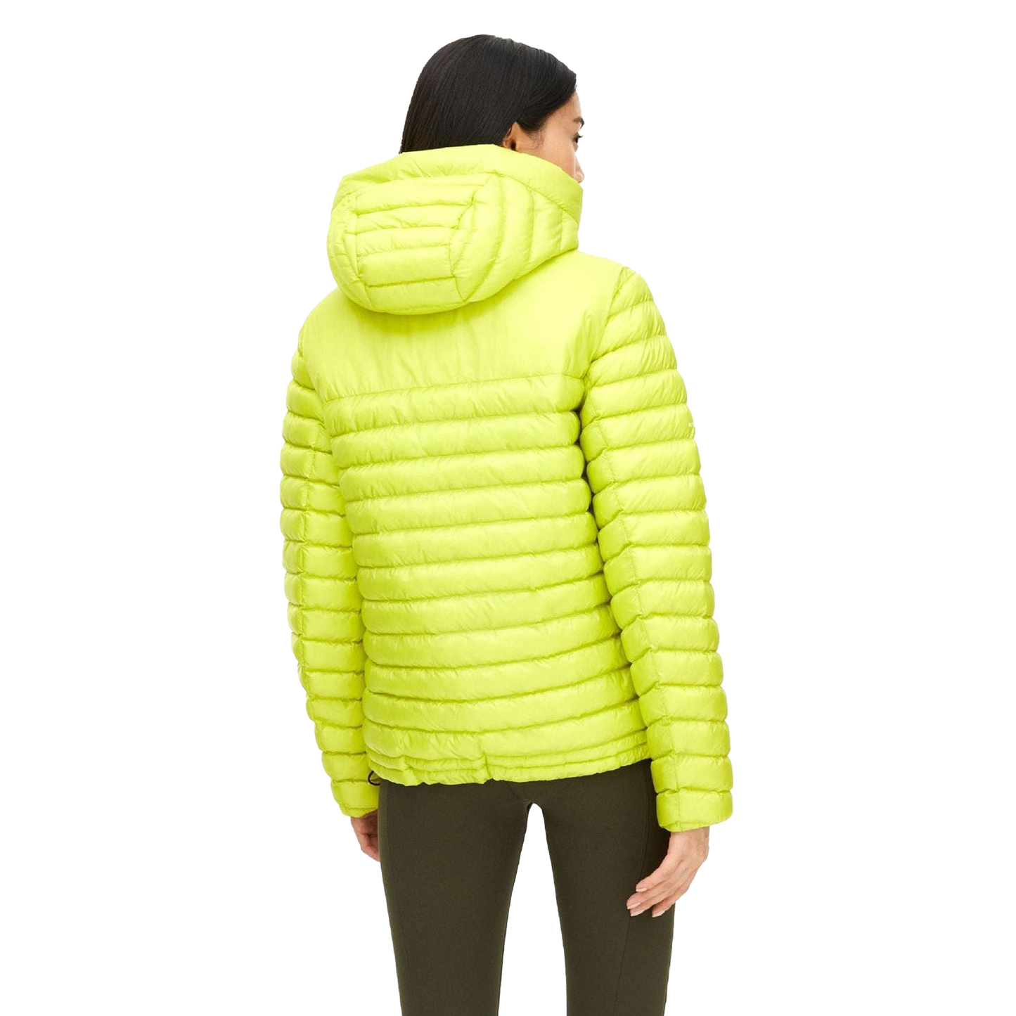 A person wearing the Rohnisch Amaze Half Zip Jacket—a vibrant yellow hooded puffer crafted from recycled polyester—stands with their back turned against a plain background.
