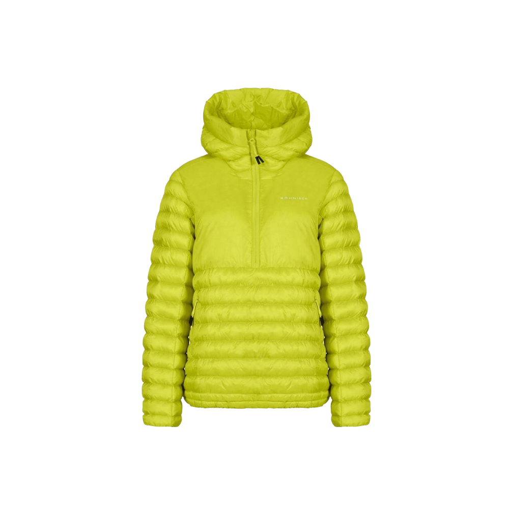 The Amaze Half Zip Jacket by Rohnisch is a neon green quilted jacket made from recycled polyester, featuring a hood and half-zip front, set against a plain background.