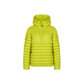 The Amaze Half Zip Jacket by Rohnisch is a neon green quilted jacket made from recycled polyester, featuring a hood and half-zip front, set against a plain background.
