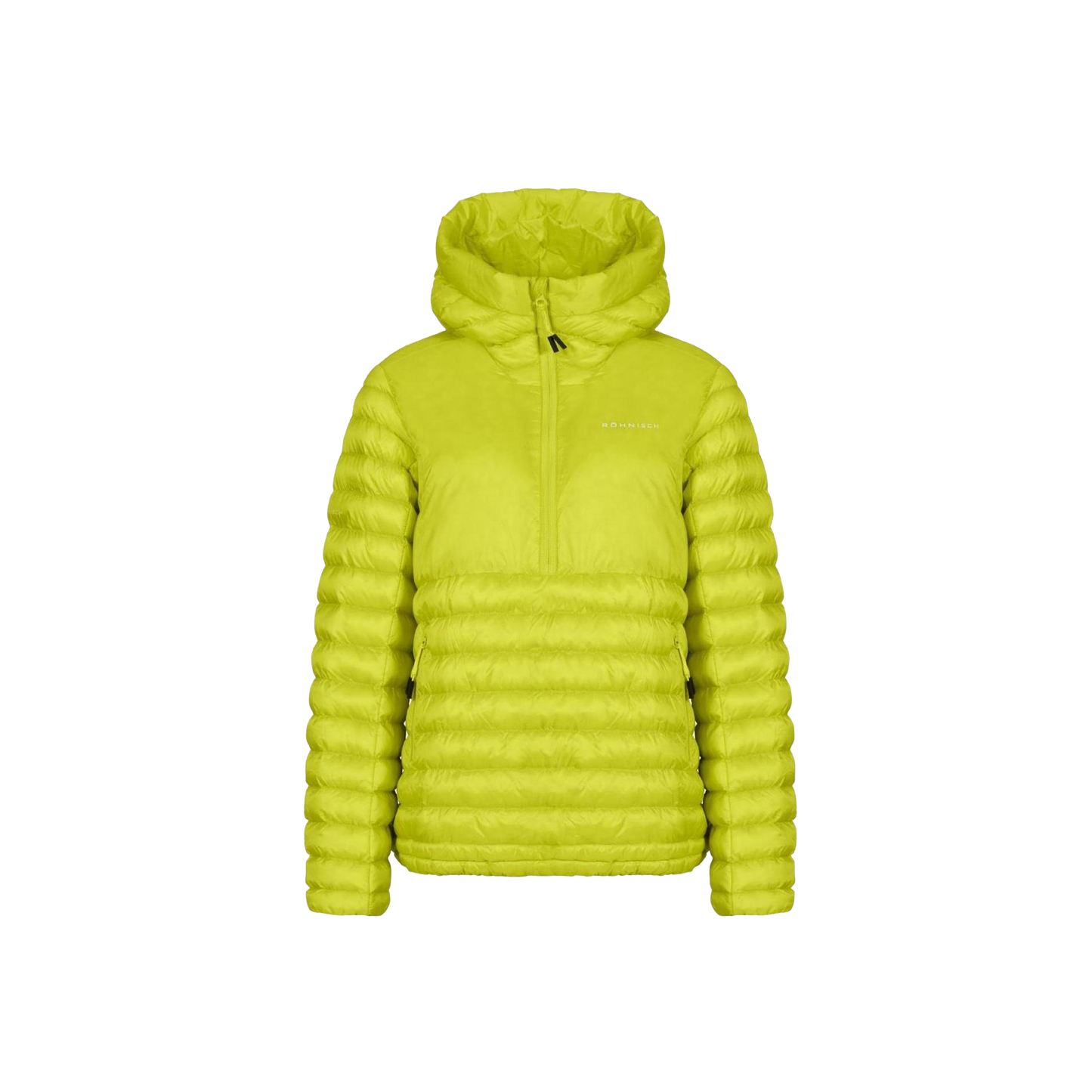 The Amaze Half Zip Jacket by Rohnisch is a neon green quilted jacket made from recycled polyester, featuring a hood and half-zip front, set against a plain background.