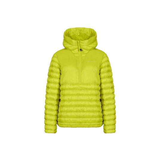 The Amaze Half Zip Jacket by Rohnisch is a neon green quilted jacket made from recycled polyester, featuring a hood and half-zip front, set against a plain background.