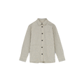 The Ashly Shirt Check by Aiayu boasts a classic long-sleeve beige and gray checkered design with handmade horn buttons, crafted from premium Chetna cotton, stylishly folded on a plain background.